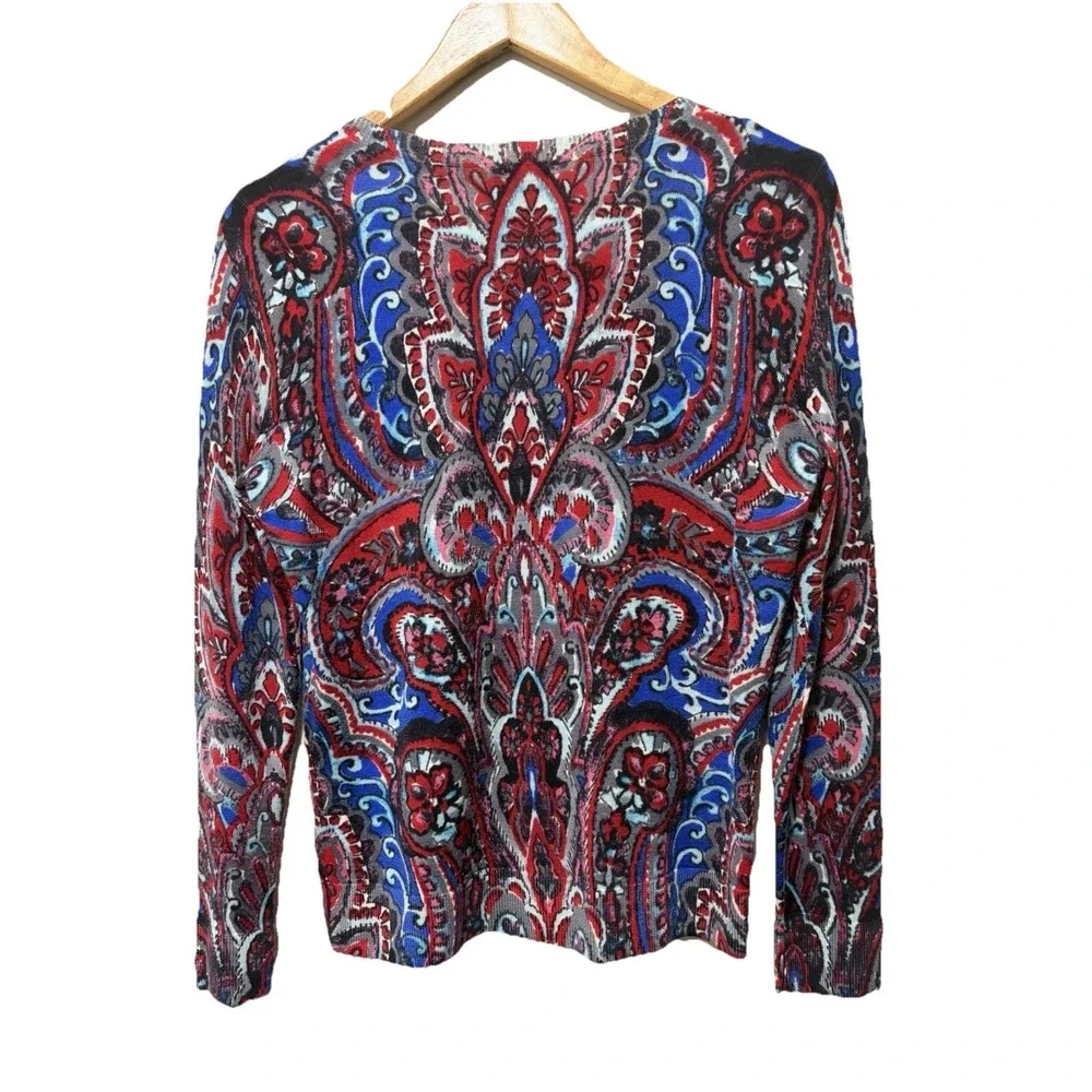 Talbots Petite Merino Wool Paisley Cardigan Sweater MP Boho Colorful